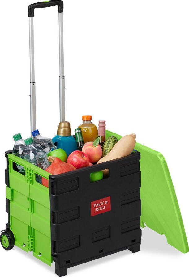 Relaxdays boodschappentrolley met deksel inklapbaar vouwkrat 2 wielen kunststof groen