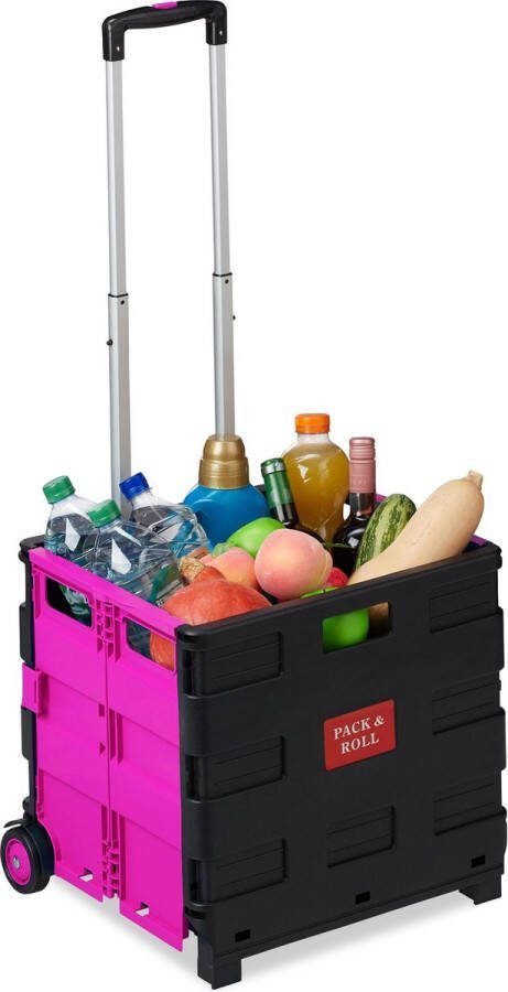 Relaxdays boodschappentrolley vouwkrat krat op wielen boodschappenkar inklapbaar roze