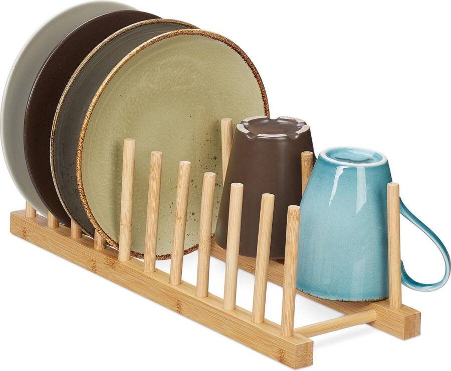 Relaxdays bordenrek bamboe afdruiprek bordenhouder dekselhouder rek hout
