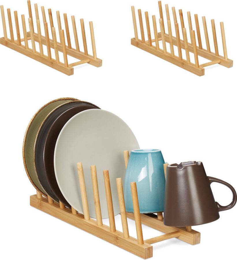 Relaxdays bordenrek set van 3 bamboe afdruiprek voor 8 borden dekselhouder keukenkast