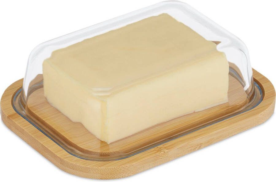 Relaxdays botervlootje met deksel bamboe & glas roomboter bakje 250 g boterstolp
