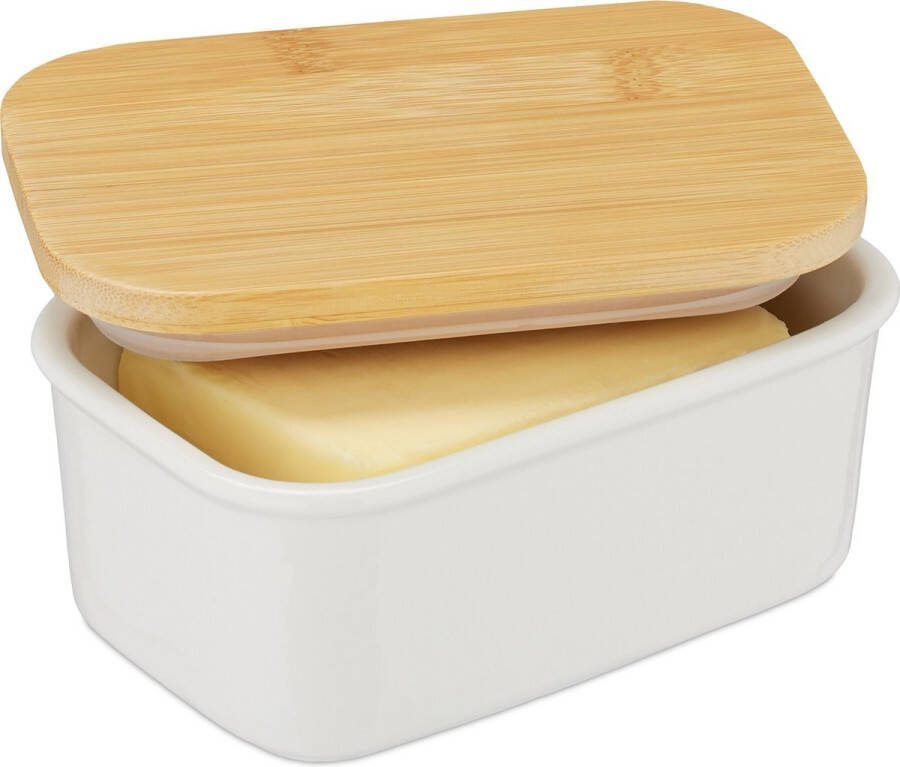 Relaxdays botervlootje met deksel bamboe & keramiek roomboter 250 g boterbakje