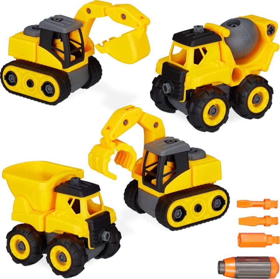 Relaxdays bouwvoertuigen speelgoed werkvoertuigen mini graafmachine speelgoedset geel