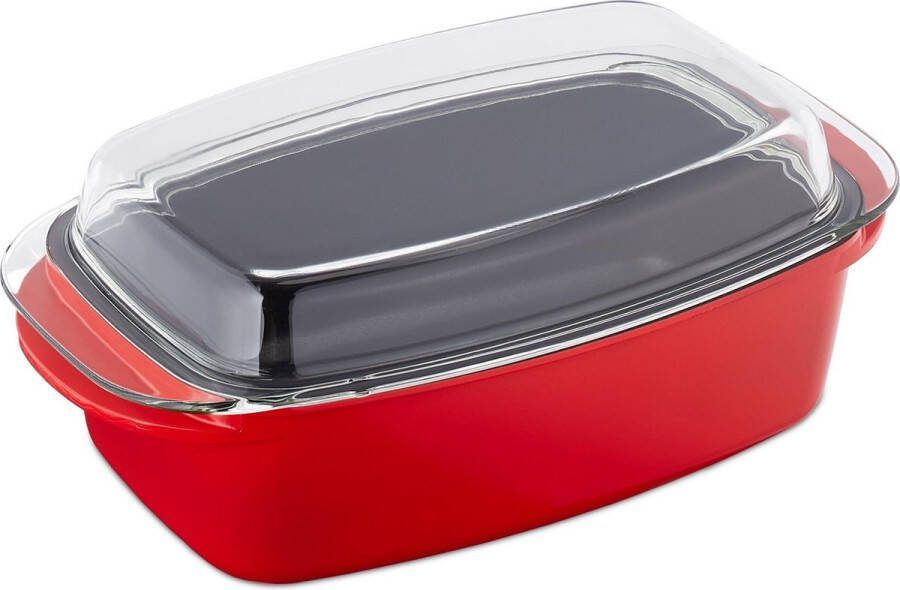 Relaxdays braadslede met deksel ovenschaal gegoten aluminium & glas braadpan rood