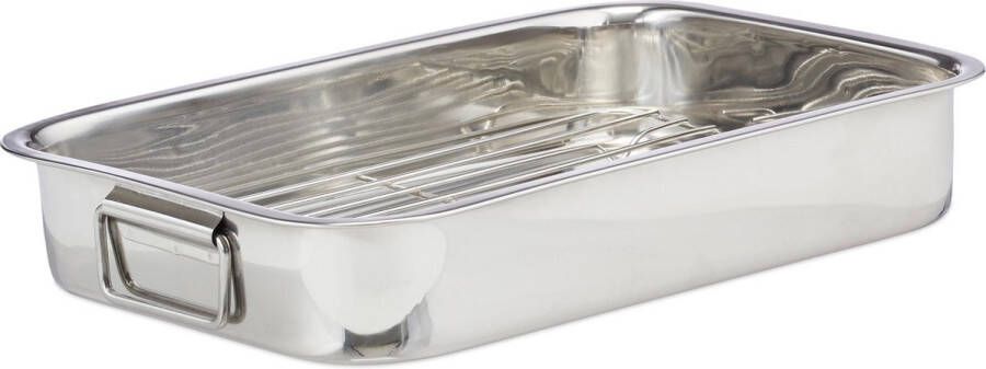 Relaxdays braadslede met rooster edelstaal ovenschaal braadpan braadslee zilver L