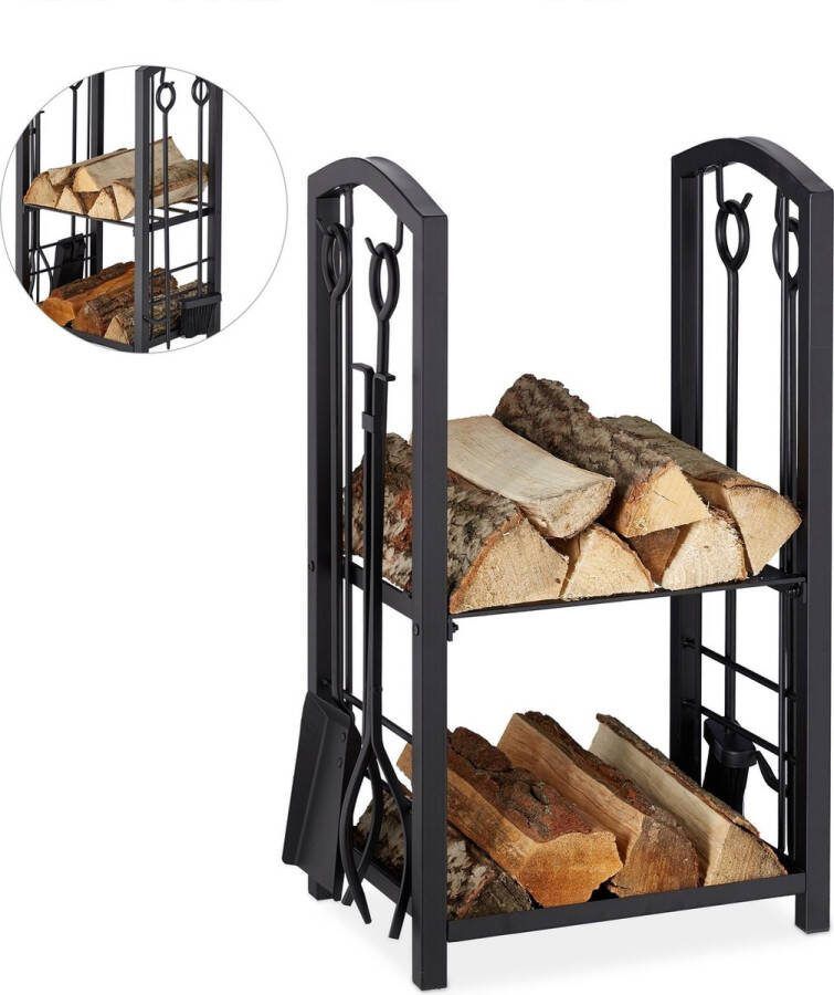 Relaxdays brandhoutrek met haardstel vierdelig houtopslag zwart haardhout opslag