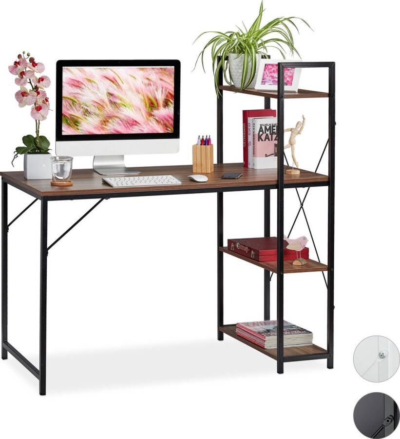Relaxdays bureau computertafel modern design met rek laptopbureau 4 planken Hout zwart