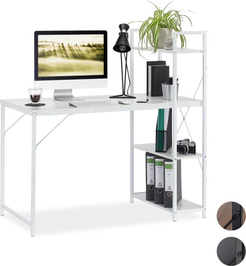 Relaxdays bureau computertafel modern design met rek laptopbureau 4 planken Wit wit