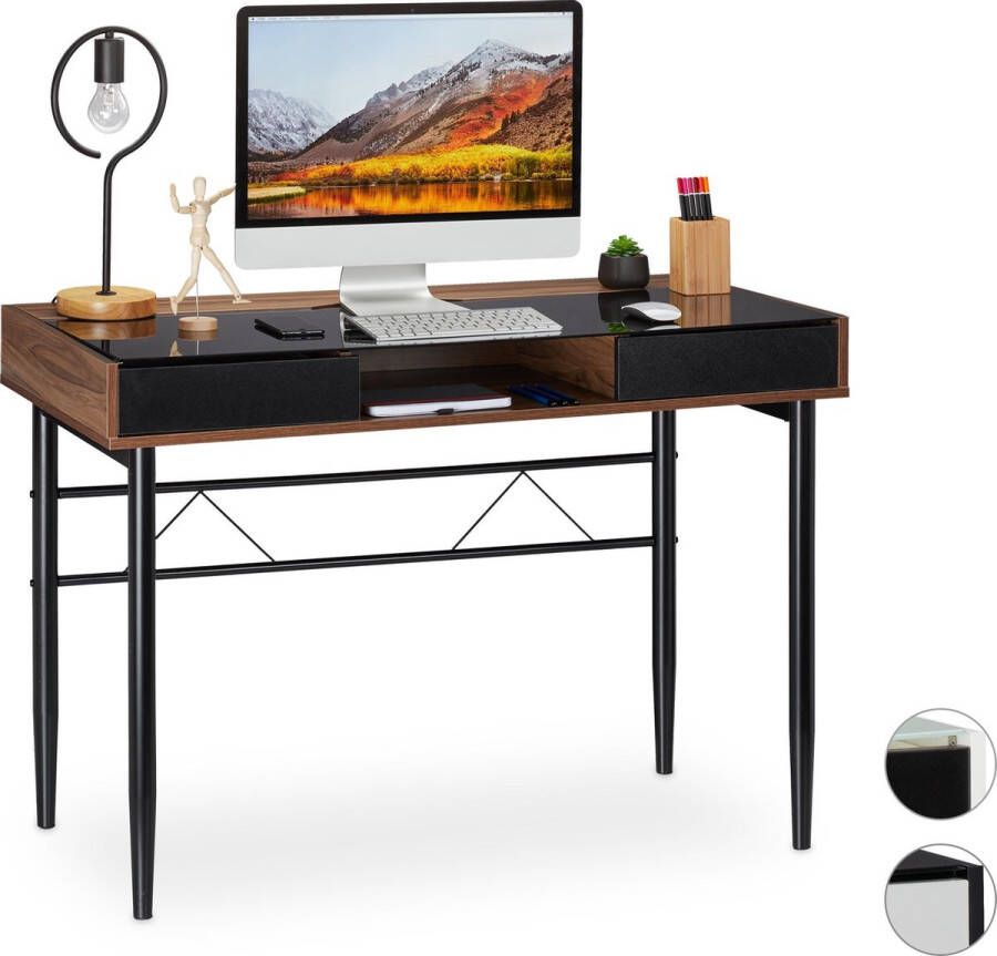 Relaxdays bureau glas computertafel kabeldoorvoer laptoptafel glastafel lades Hout zwart