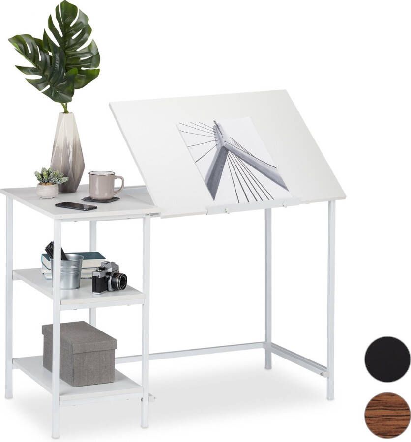 Relaxdays bureau kantelbaar tekentafel computertafel laptoptafel 3 vakken Wit wit
