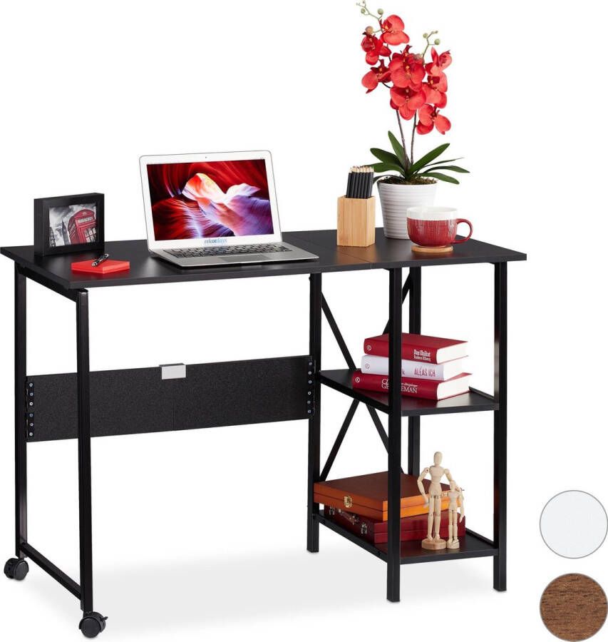 Relaxdays bureau klapbaar computertafel opbergrek vouwbaar 2 vakken Zwart zwart