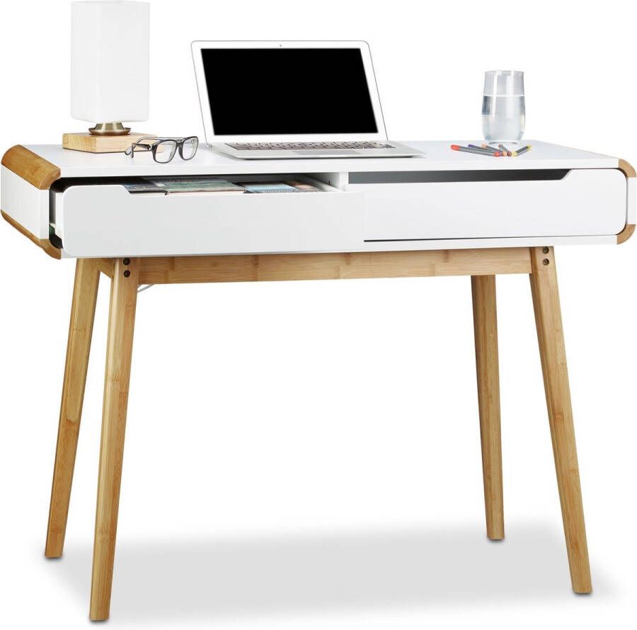 Relaxdays bureau met lades computertafel hout- computerbureau bamboe Scandinavisch
