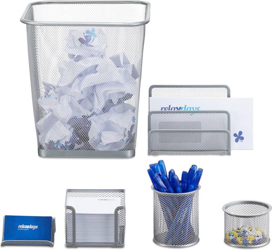 Relaxdays bureau organizer mesh 6-delige set prullenbak pennenbak documentenhouder zilver
