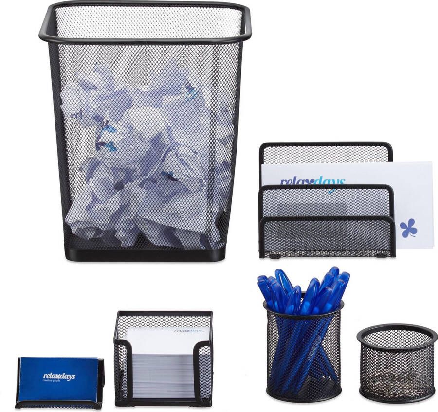 Relaxdays bureau organizer mesh 6-delige set prullenbak pennenbak documentenhouder zwart