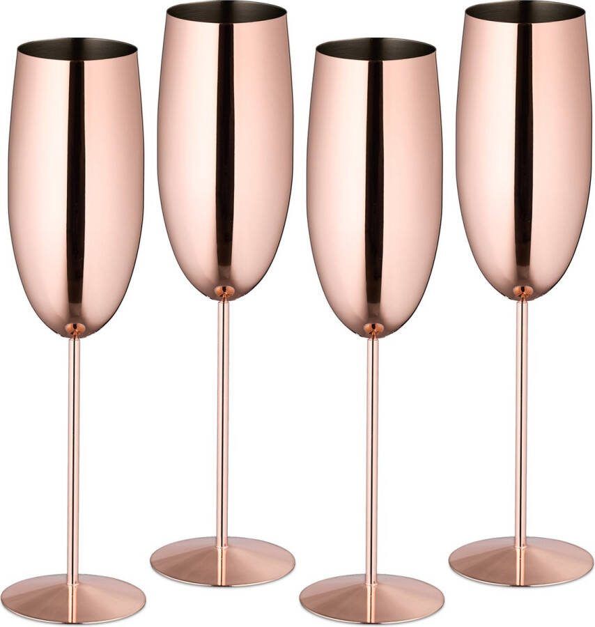 Relaxdays champagneglazen rvs set van 4 onbreekbaar hebruikbare champagneflûtes Rose goud