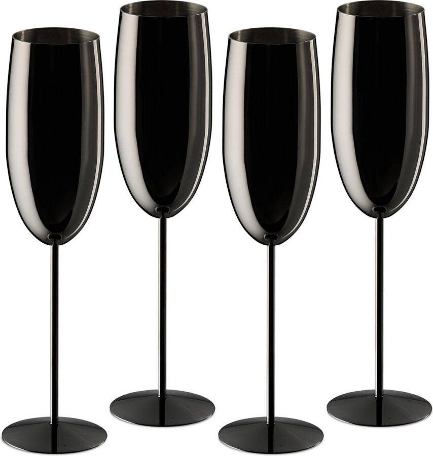 Relaxdays champagneglazen rvs set van 4 onbreekbaar hebruikbare champagneflûtes zwart