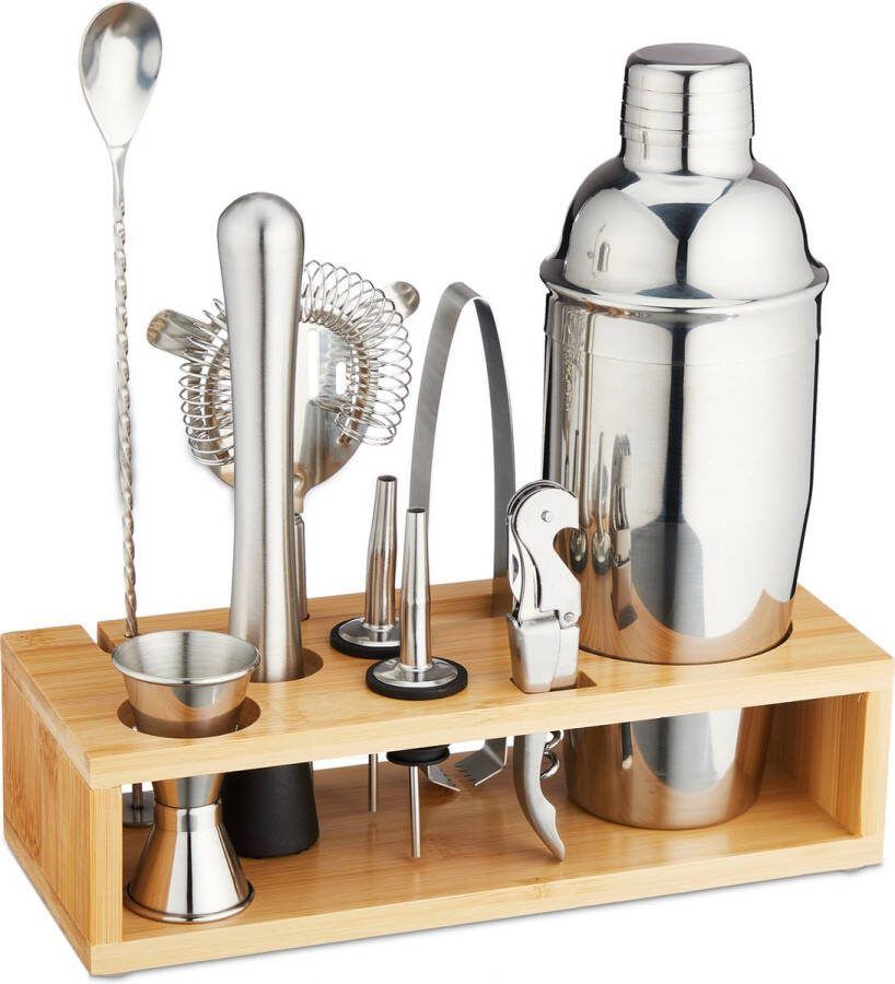 Relaxdays cocktail set met houder 10-delig cocktail maker set rvs & bamboe zilver