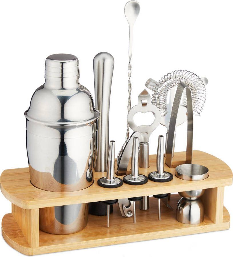 Relaxdays cocktail set met houder 12-delig cocktail shaker set rvs & bamboe zilver