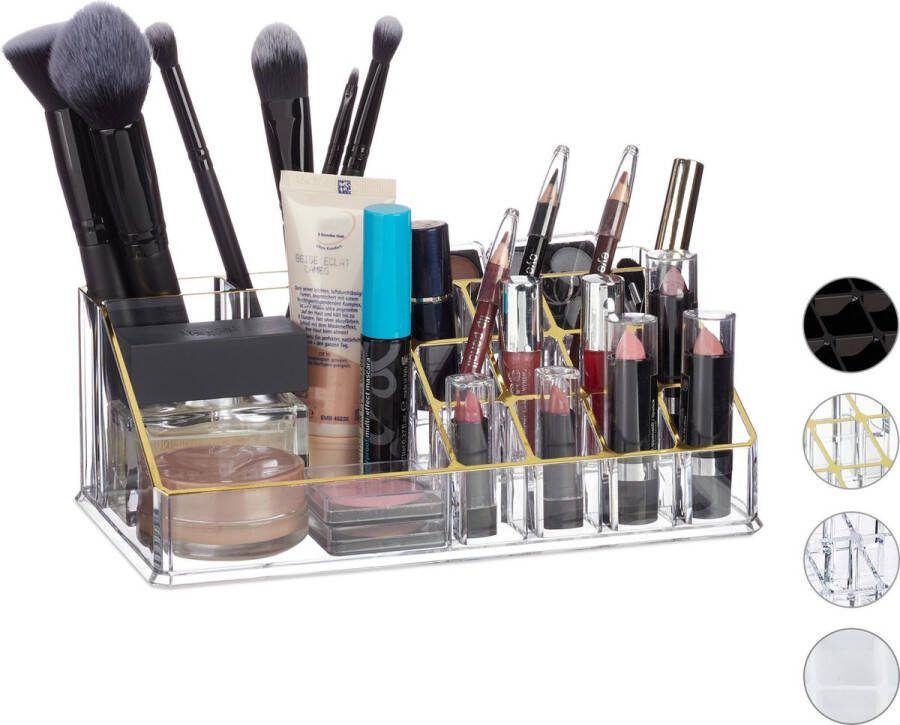 Relaxdays Cosmetica organizer cosmeticahouder make up toren doorzichtig 16 vakken goud