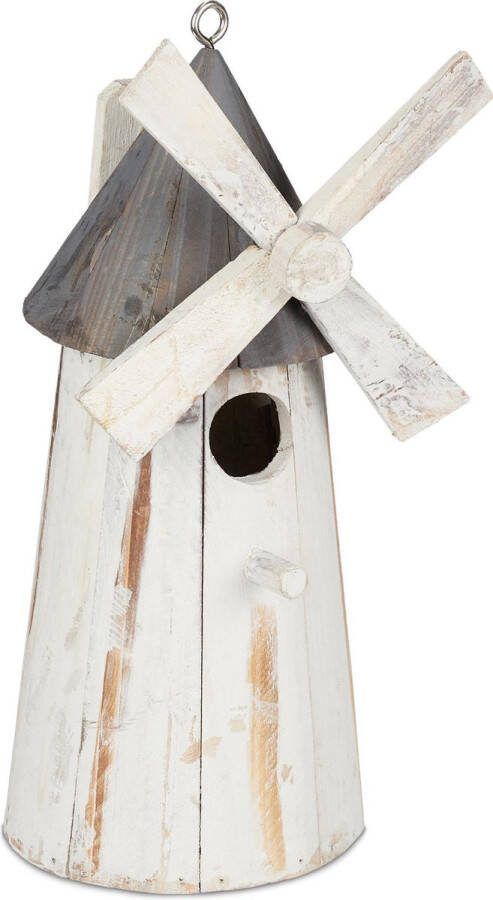 Relaxdays Decoratief vogelhuis windmolen tuindecoratie nestkast hout wit grijs