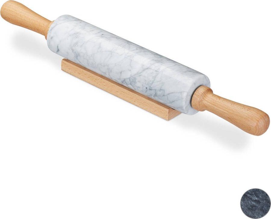 Relaxdays deegroller marmer rolstok houten handvatten roller deeg fondantroller wit
