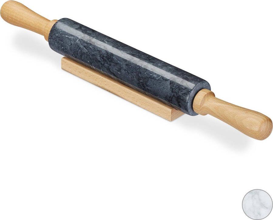 Relaxdays deegroller marmer rolstok houten handvatten roller deeg fondantroller zwart