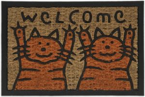 Relaxdays deurmat kokos en rubber rubbermat voetmat welcome met katten natuur