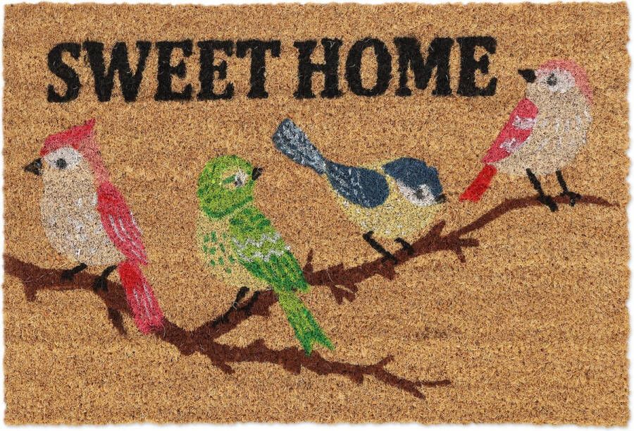 Relaxdays deurmat kokos voetmat 'Sweet home'- vogels 40 x 60 cm buitenmat natuur