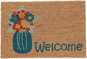 Relaxdays deurmat kokos Welcome voetmat vaas met bloemen 40x60 cm natuur