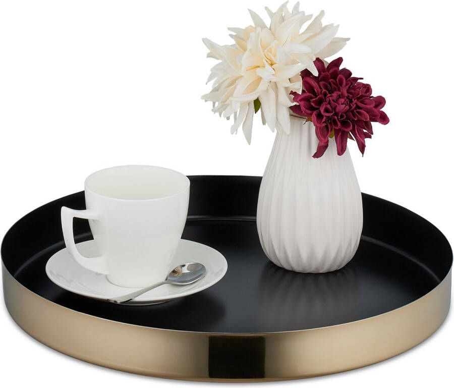 Relaxdays dienblad rvs ⌀ 35 cm rvs modern serveerblad koffie kaarsenplateau rond zwart-goud
