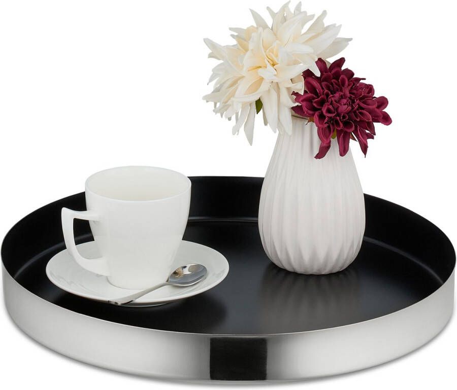 Relaxdays dienblad rvs ⌀ 35 cm rvs modern serveerblad koffie kaarsenplateau rond Zwart-zilver