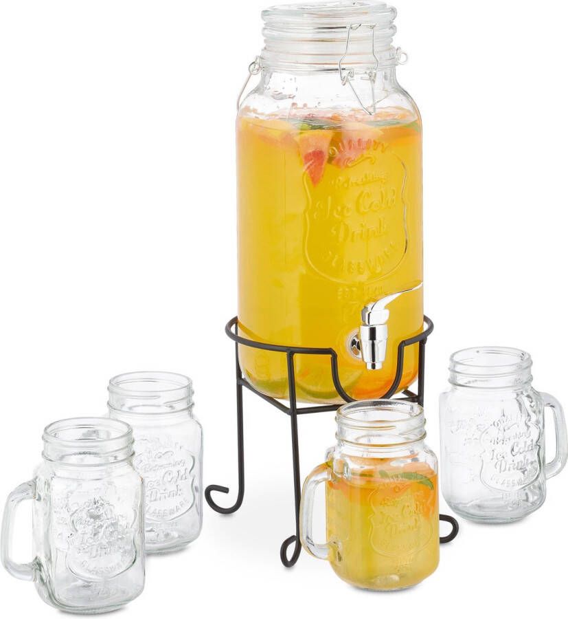 Relaxdays drankdispenser met glazen 3 5 l tapkraan limonadetap glas grote sapkan