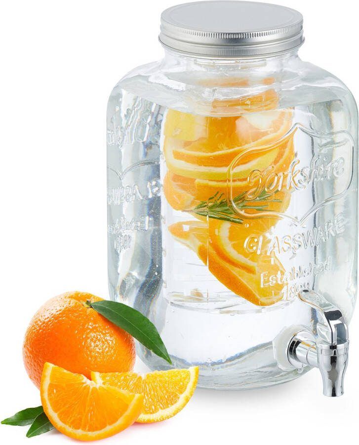 Relaxdays drankdispenser met infuser glazen limonadetap met kraan sapkan met filter 5 Liter