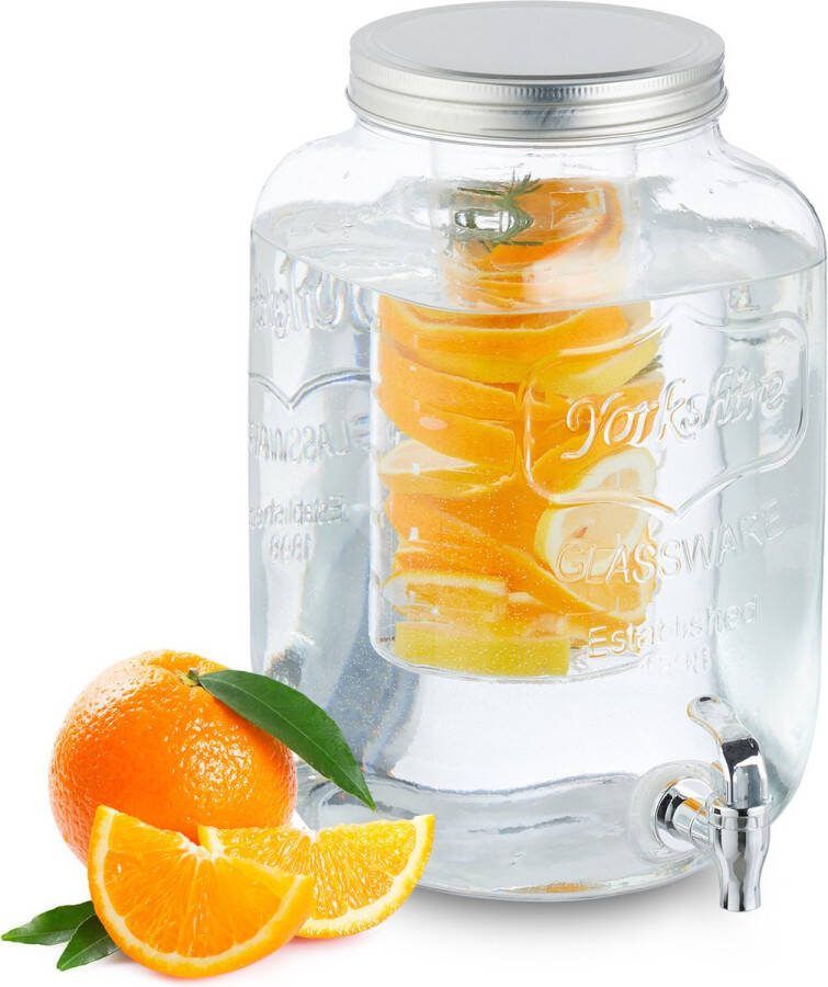 Relaxdays drankdispenser met infuser glazen limonadetap met kraan sapkan met filter 8 liter