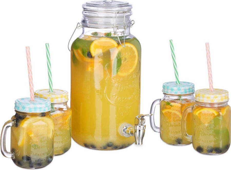 Relaxdays drankdispenser set 4 liter limonade dispenser 4 glazen retro design