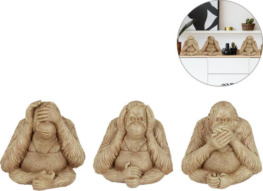 Relaxdays drie apen Orang-Oetan set van 3 aap beeld tuinbeeld horen zien zwijgen
