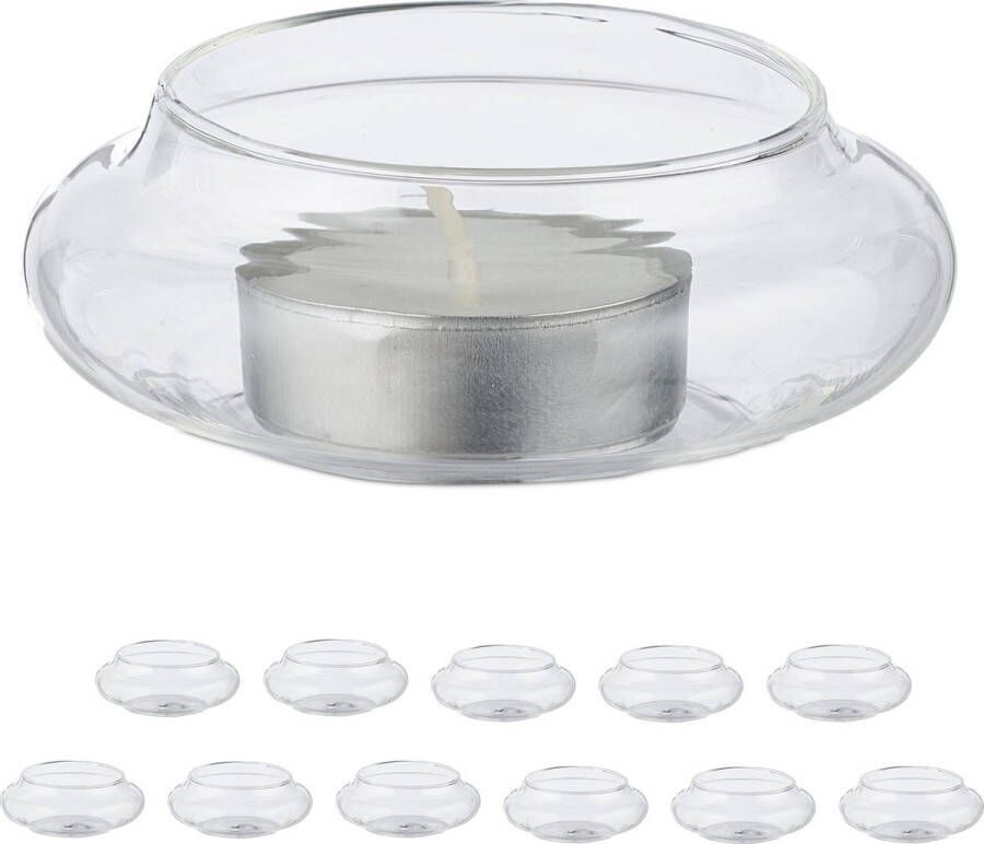 Relaxdays drijvende theelichthouder set van 12 glazen waxinelichthouders doorzichtig