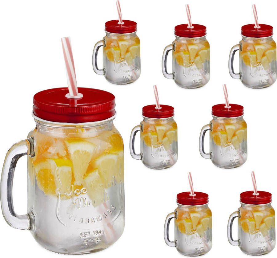 Relaxdays drinkglazen deksel & rietje set van 8 limonadeglazen transparant rood