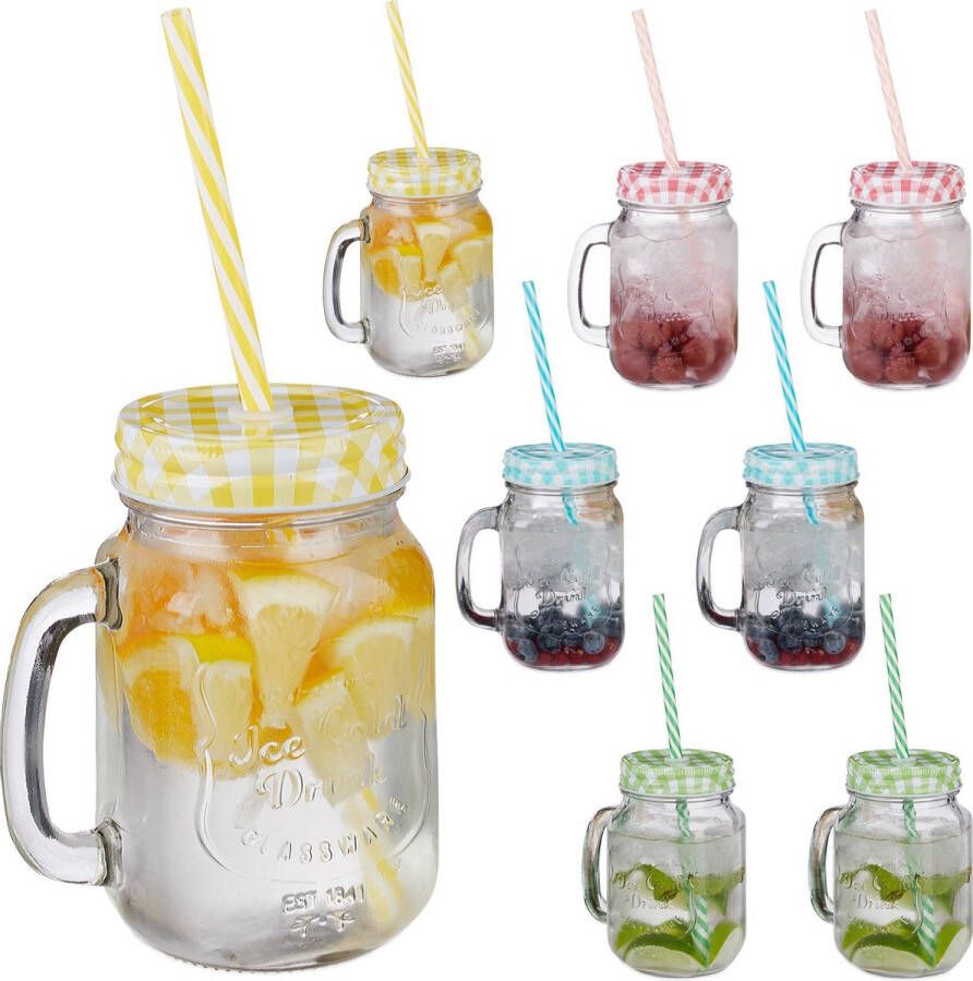 Relaxdays Drinkglazen met deksel & rietje set 8 stuks weckpot 4 kleuren mason jar