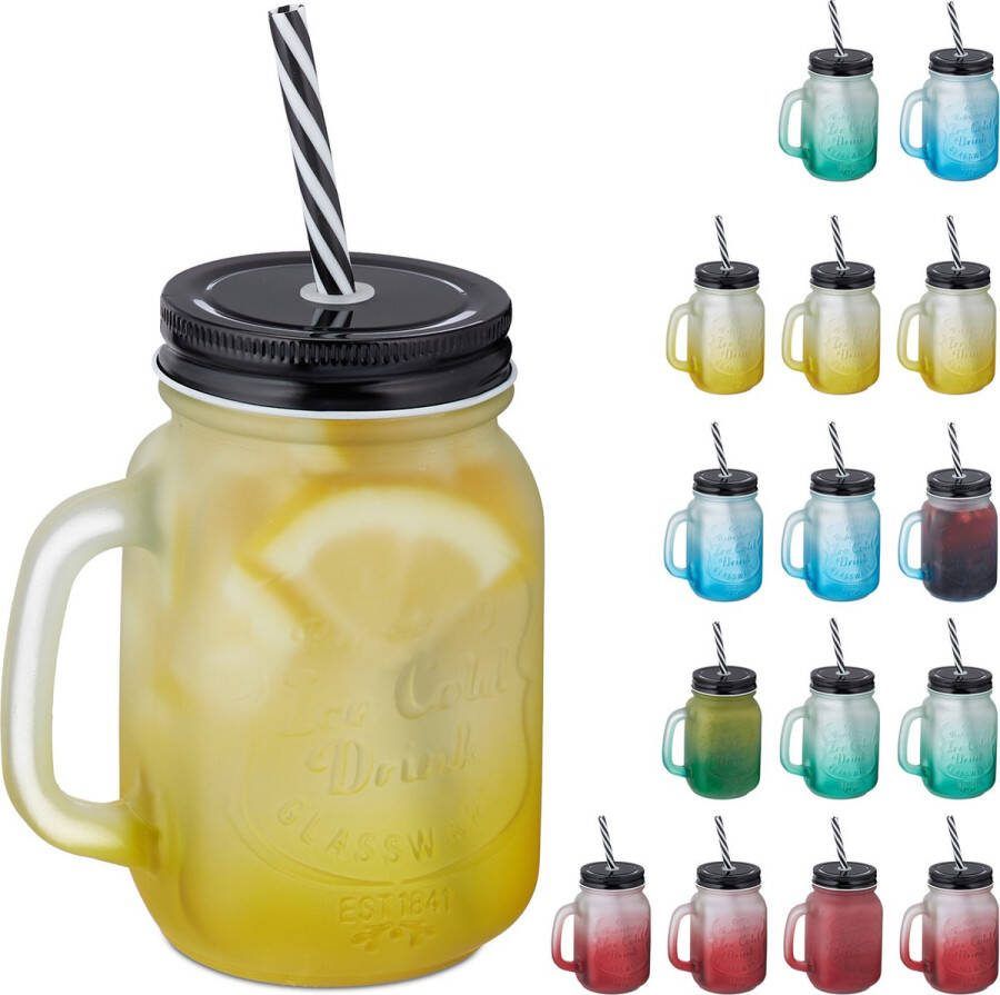 Relaxdays drinkglazen met deksel set van 16 mason jar kleurrijke glazen opschrift