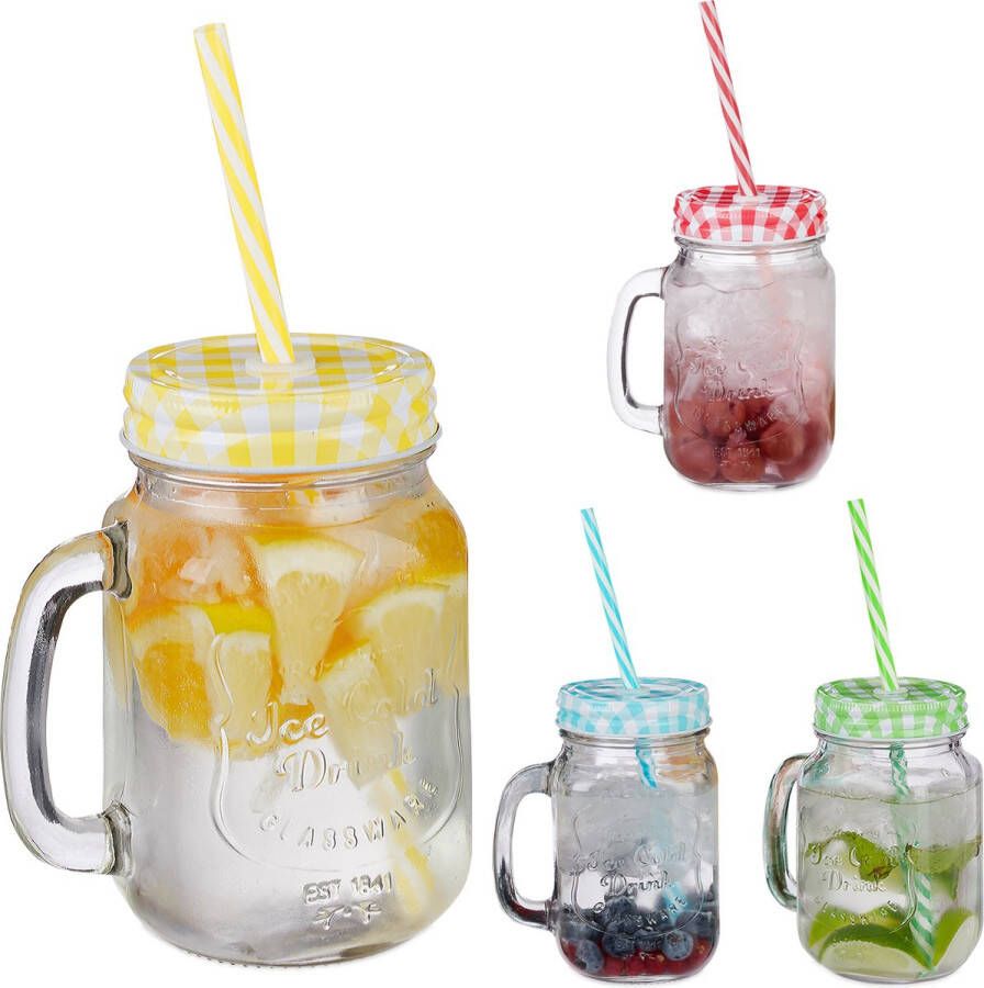 Relaxdays drinkglazen met deksel set van 4 mason jar met opschrift limonadeglazen