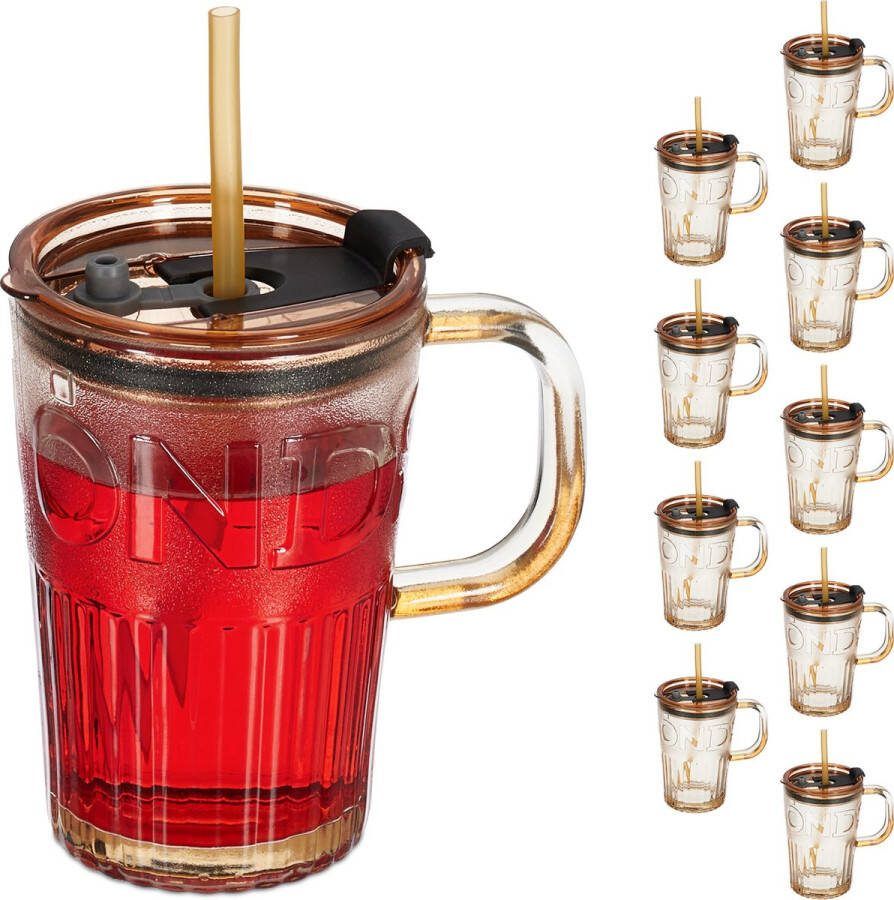 Relaxdays drinkglazen met handvat set van 10 rietje en deksel sapglazen 450 ml bruinen