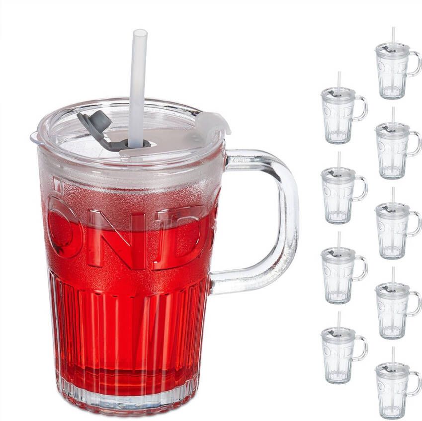Relaxdays drinkglazen met handvat set van 10 rietje en deksel sapglazen 450 ml doorzichtig