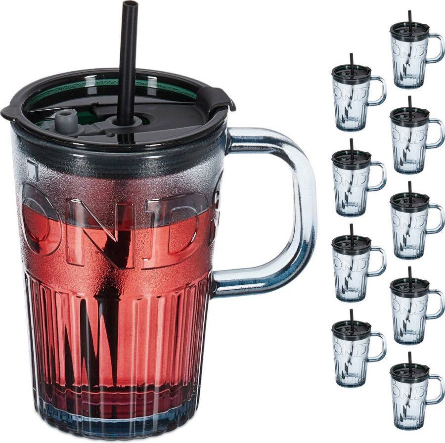 Relaxdays drinkglazen met handvat set van 10 rietje en deksel sapglazen 450 ml grijs