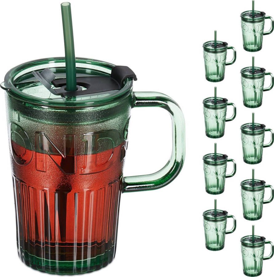 Relaxdays drinkglazen met handvat set van 10 rietje en deksel sapglazen 450 ml groen