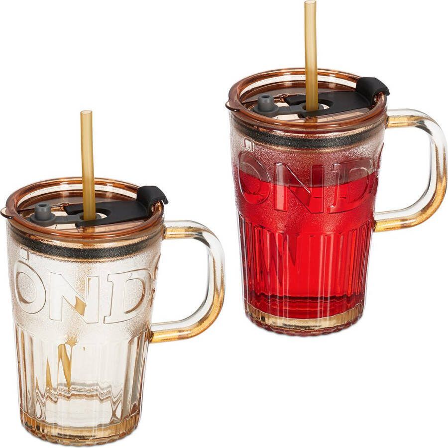 Relaxdays drinkglazen met handvat set van 2 rietje en deksel limonadeglazen 450 ml bruinen