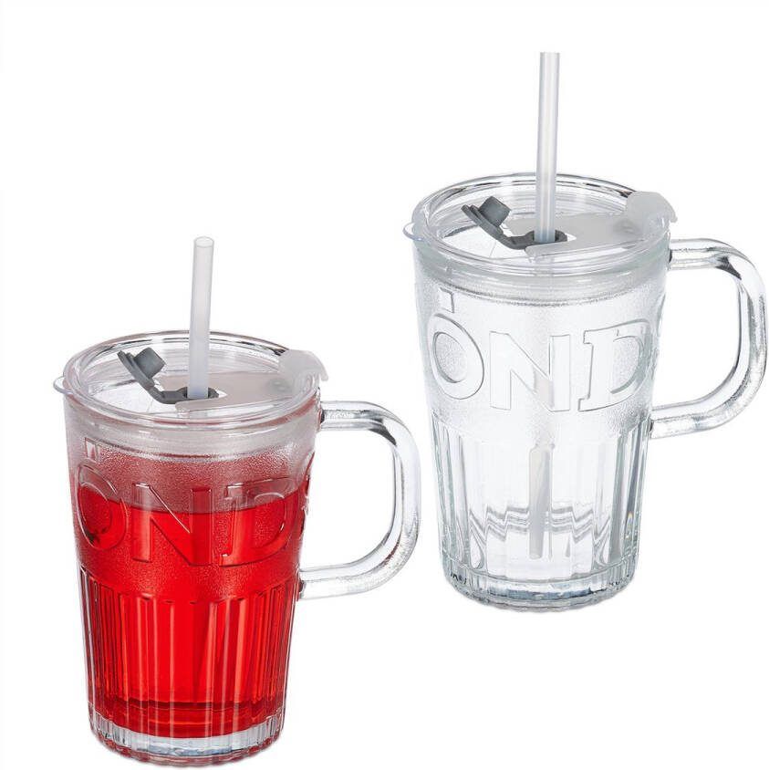 Relaxdays drinkglazen met handvat set van 2 rietje en deksel limonadeglazen 450 ml doorzichtig