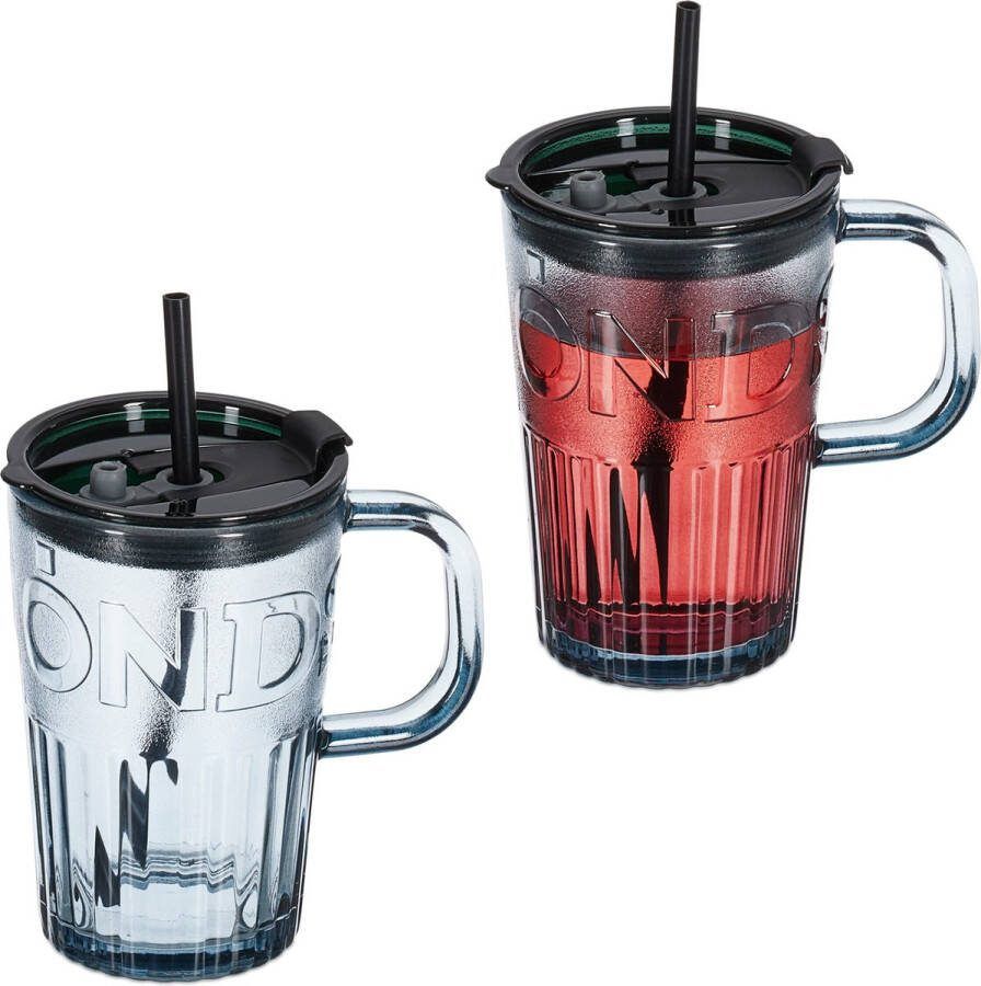 Relaxdays drinkglazen met handvat set van 2 rietje en deksel limonadeglazen 450 ml grijs
