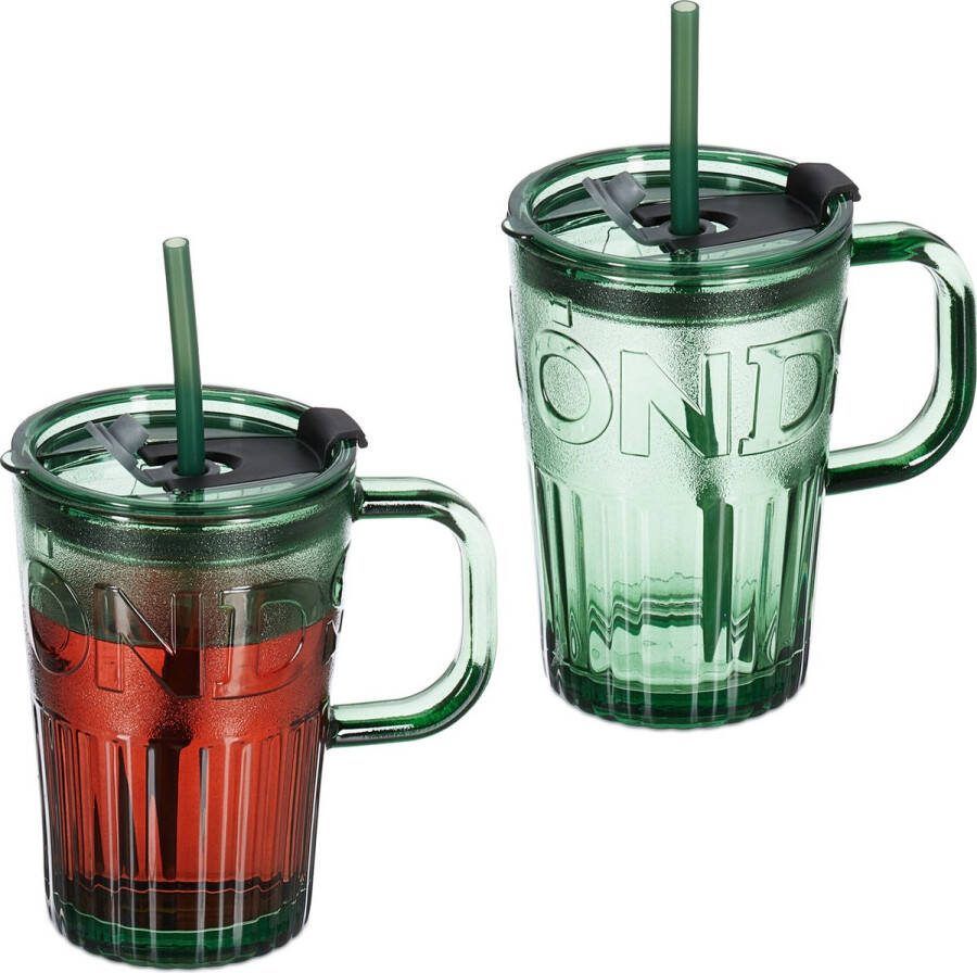 Relaxdays drinkglazen met handvat set van 2 rietje en deksel limonadeglazen 450 ml groen