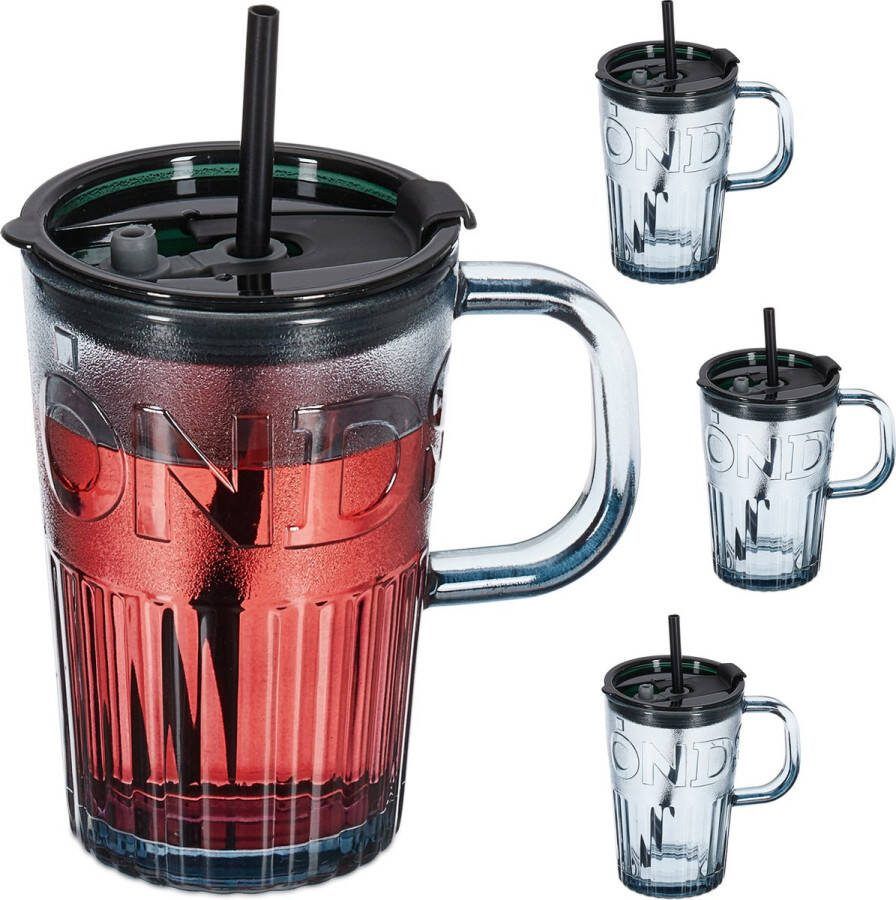 Relaxdays drinkglazen met handvat set van 4 cocktailglazen rietje en deksel 450 ml